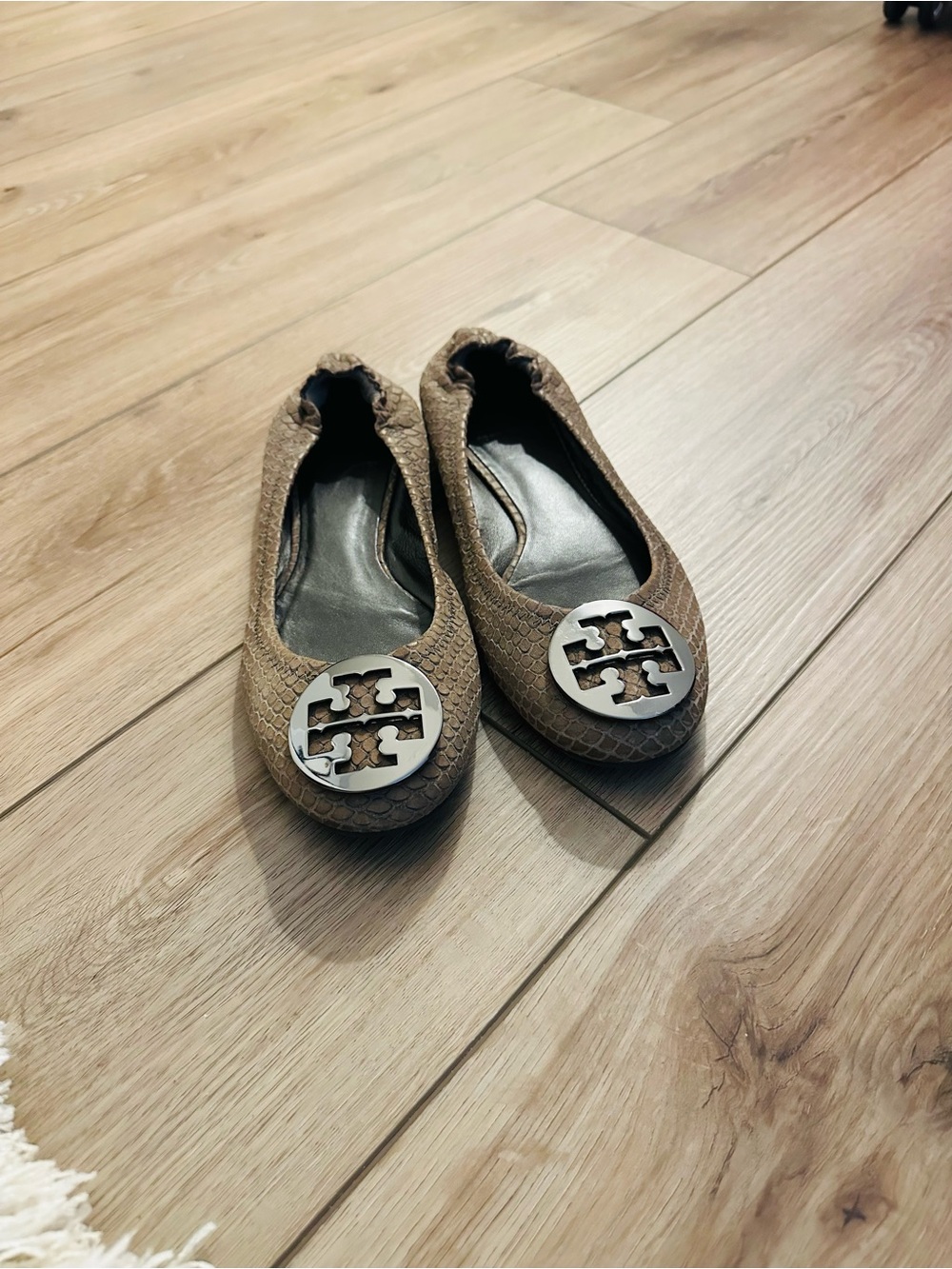 Tory Burch Taupe Snake-Embossed Logo Ballet Flats